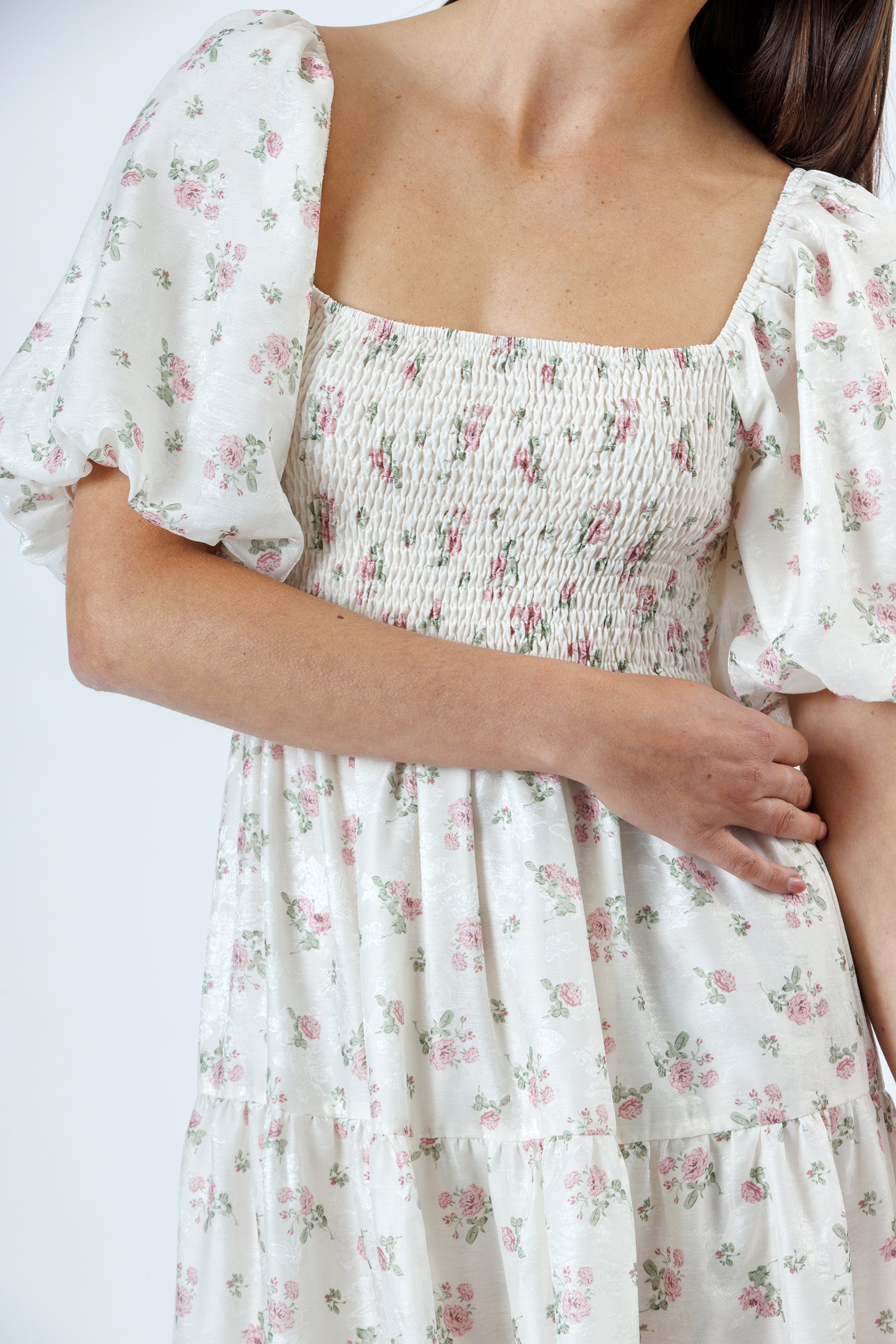 Ivory with pink rosebuds and flower jacquard print dress