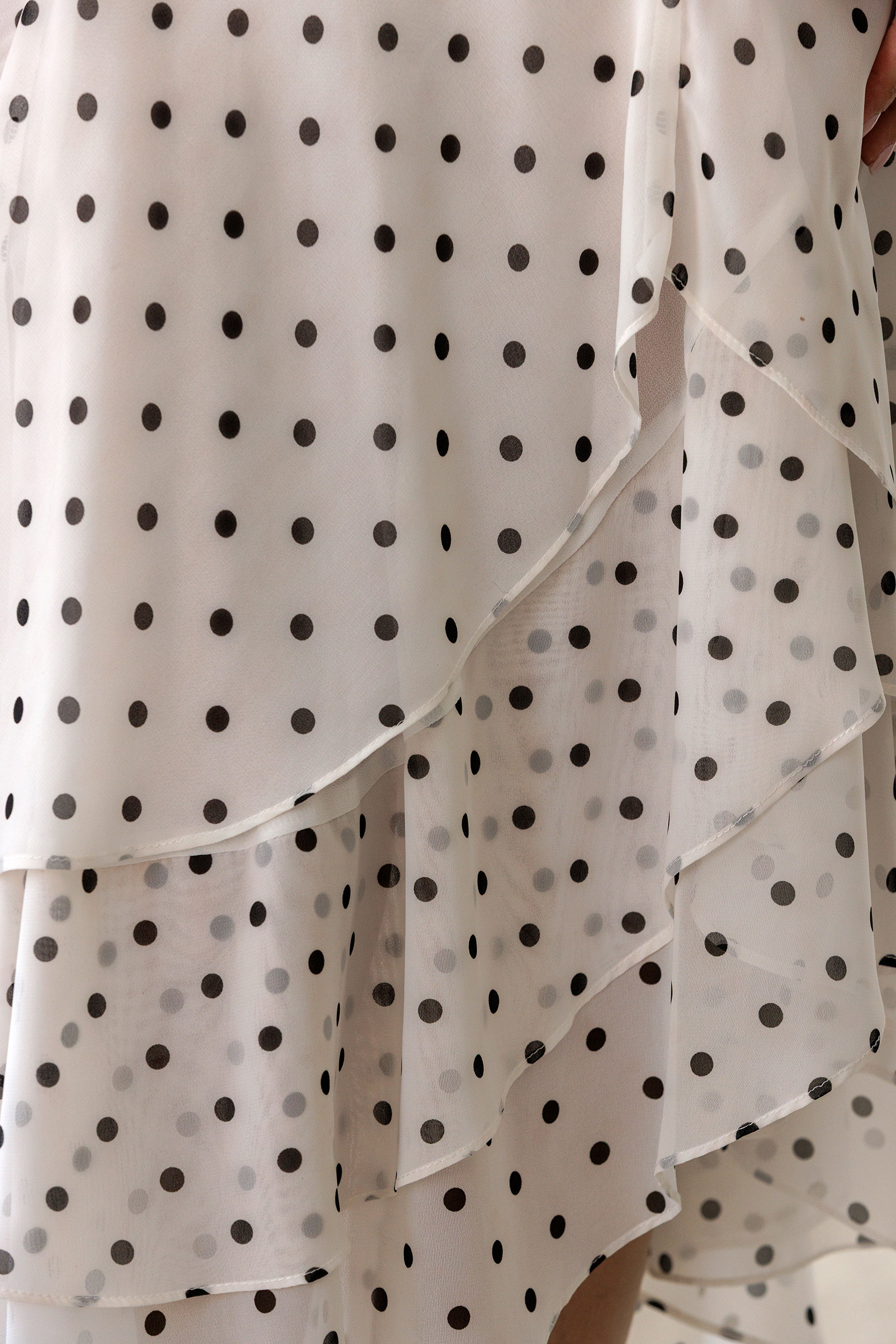 Polka dot dress with ruffled layers on a neutral background