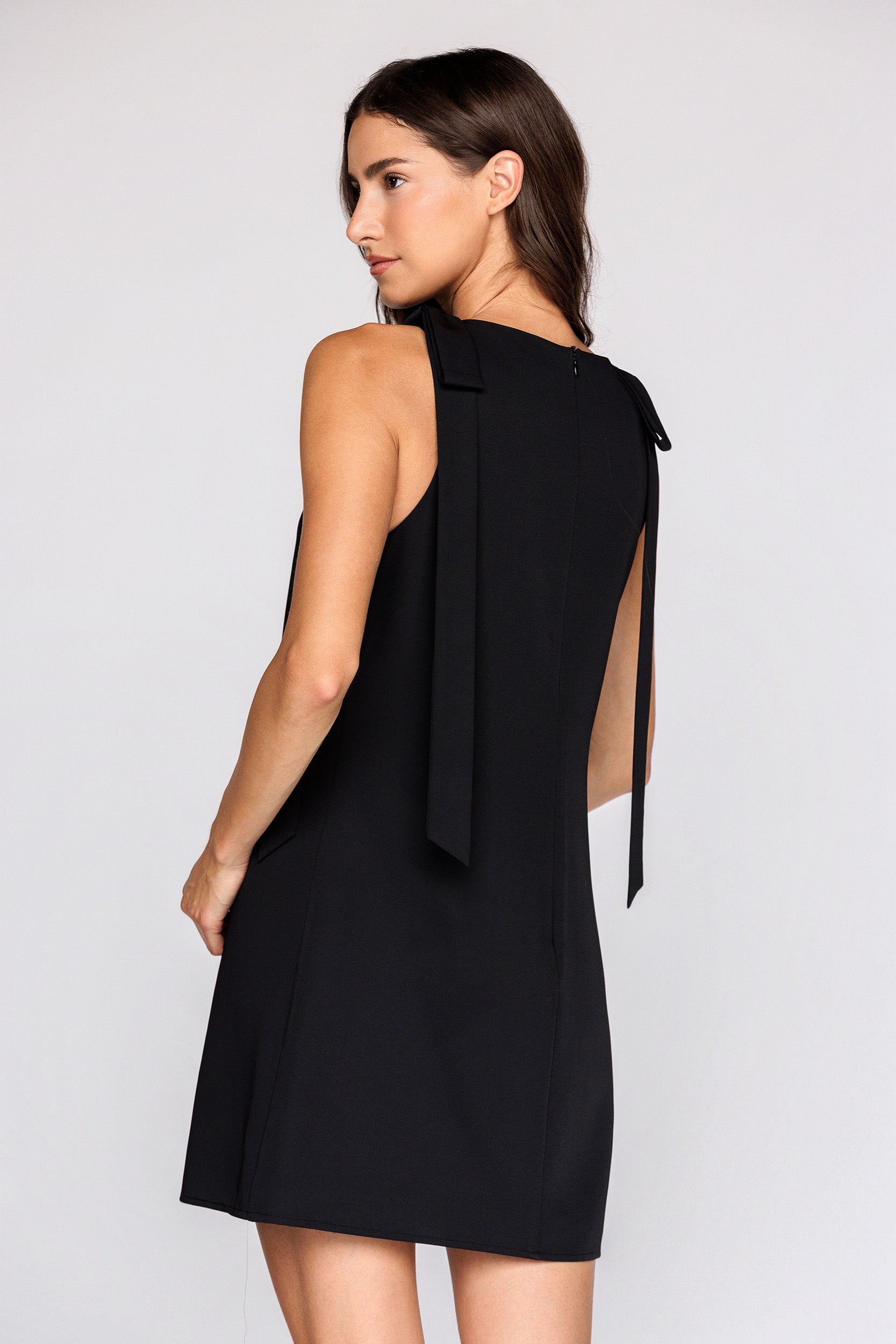 Back a of a woman wearing a black sleeveless dress on a white background