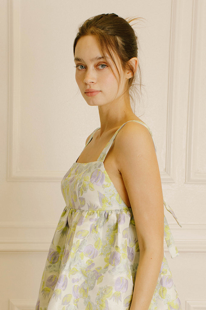 Elodie Neon Yellow Embroidered Leaves Baby Doll Dress Side