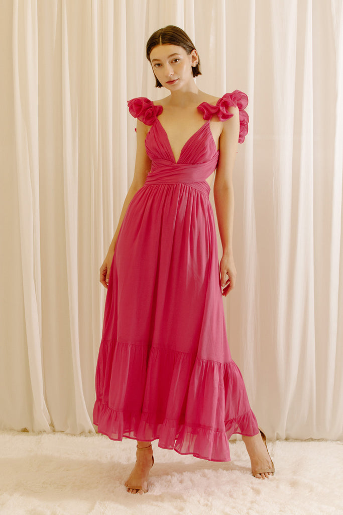 Zara Hot Pink Shimmer Maxi Dress Front