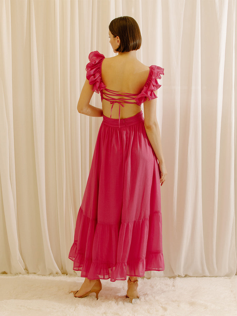 Zara Hot Pink Shimmer Maxi Dress Back