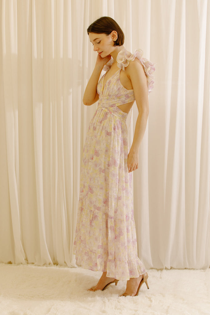 Constance Ruffled Purple Floral Maxi Dress Side