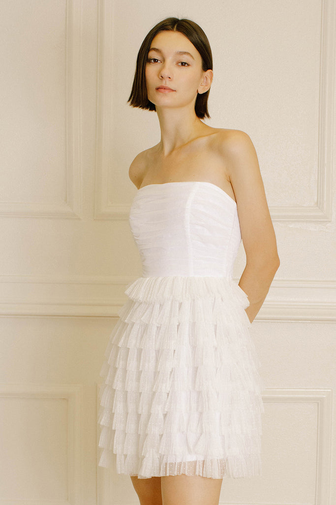 Lottie Tulle Strapless White Mini Dress Front