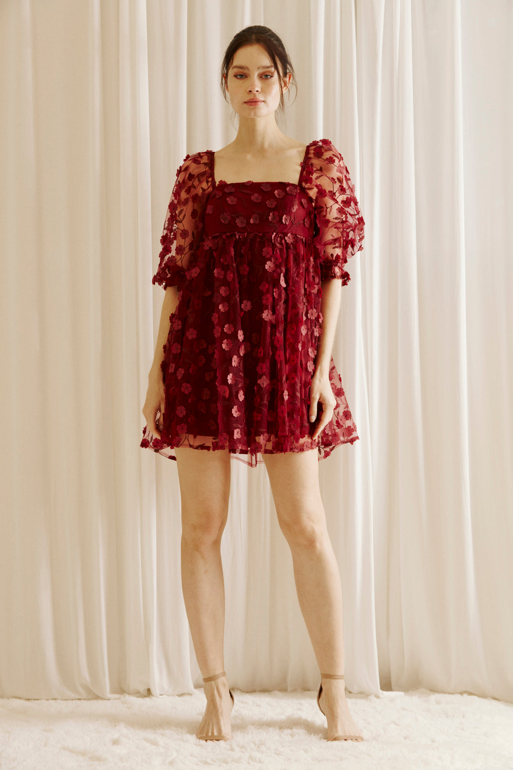 Adelina Burgundy 3D Floral Embroidered Dress Alternative