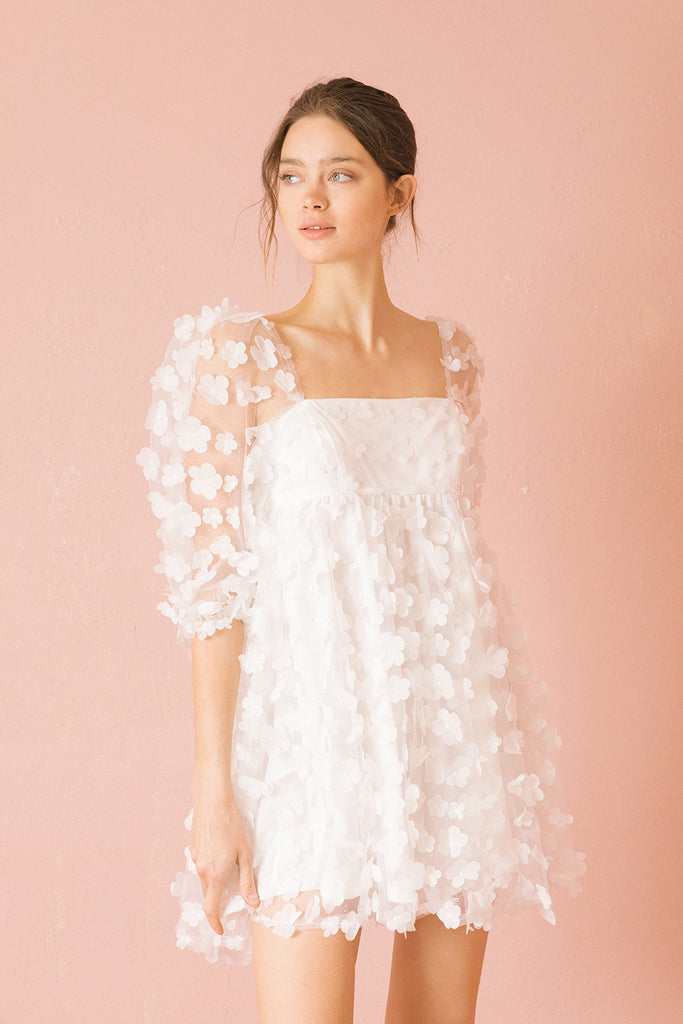 Bridget 3D Flower Mesh Overlay White Mini Dress Side