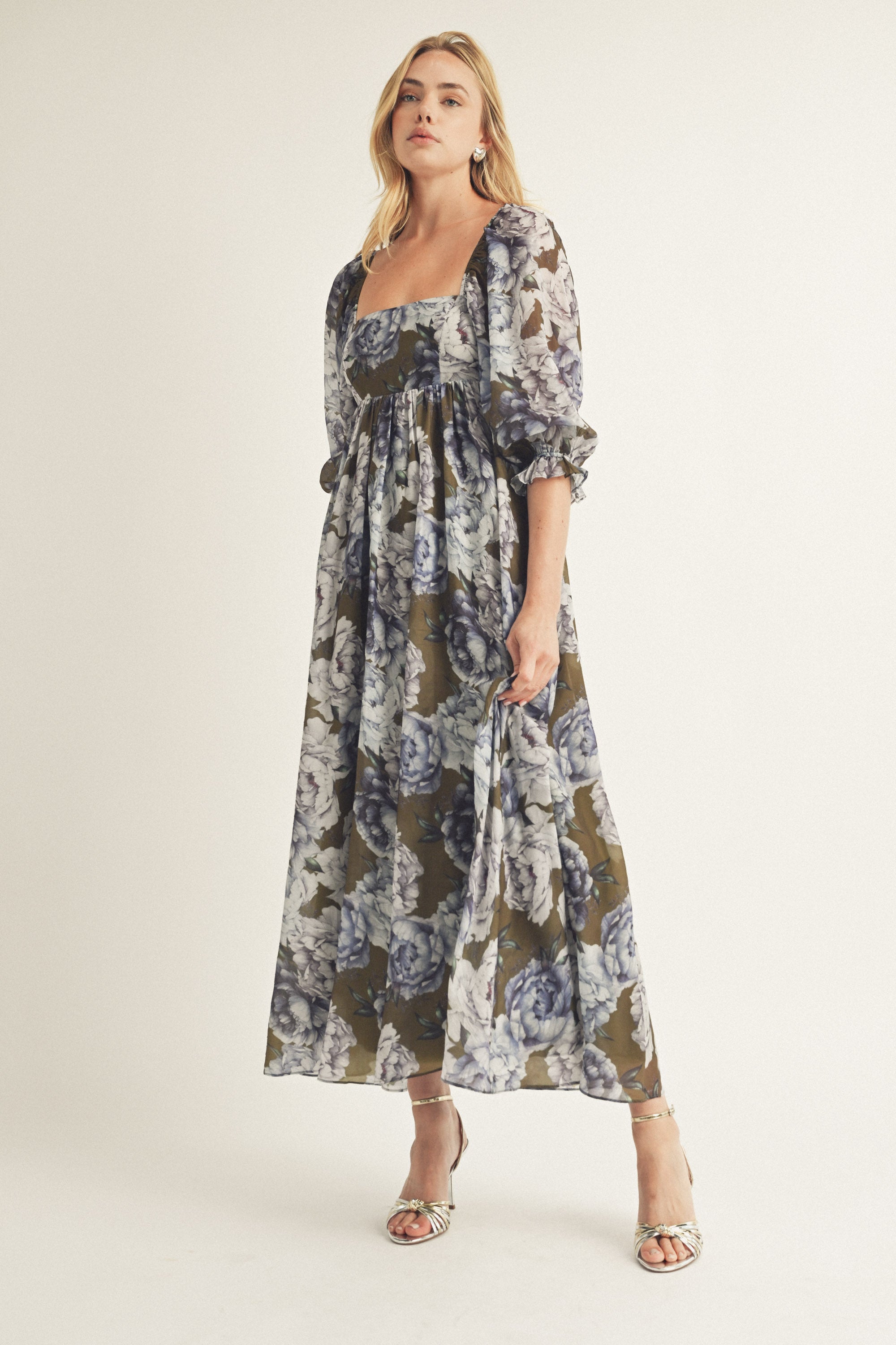 Catalina Olive Floral Maxi Dress Front