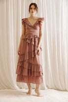 Kendall Ruffled Midi Dress Front in Mauve