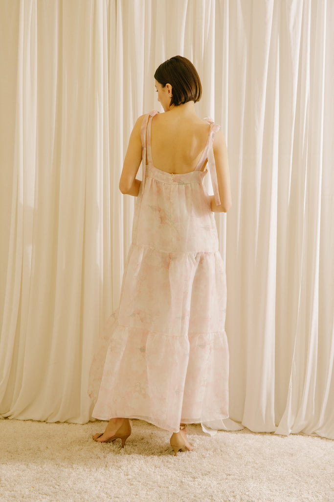 Christy Romantic Pink Floral Print Midi Dress Back