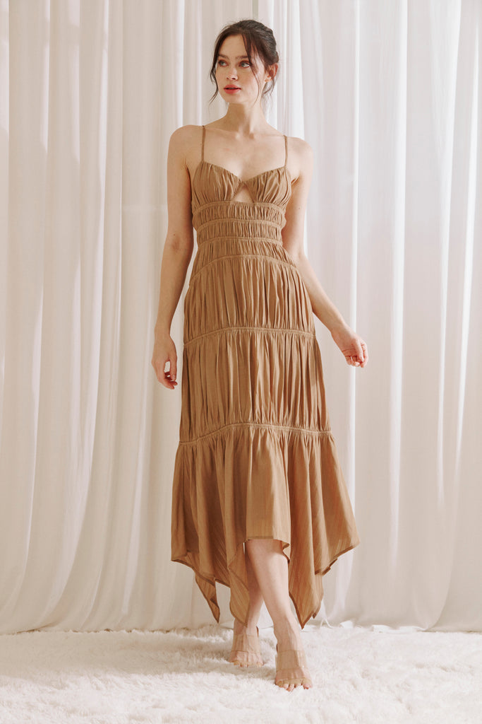 Johanna Asymmetrical Hem Chocolate Midi Dress Alternative