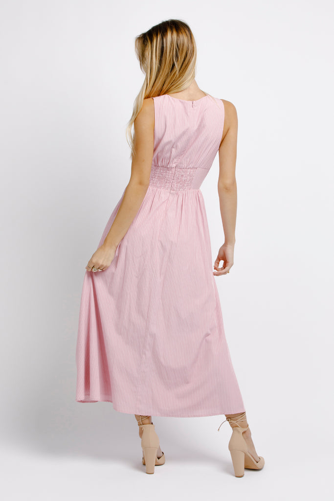 Sloane Deep V-Neck Pink Pinstripe Midi Dress Back