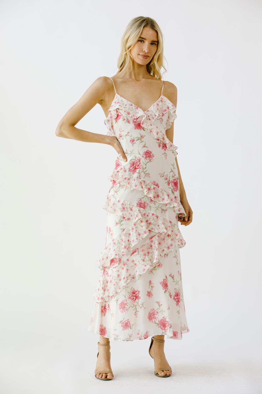 Beatrice Asymmetrical Floral Ruffle Dress Front