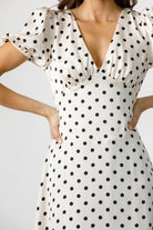 Clementine Satin Ivory Polka Dot Midi Dress Details