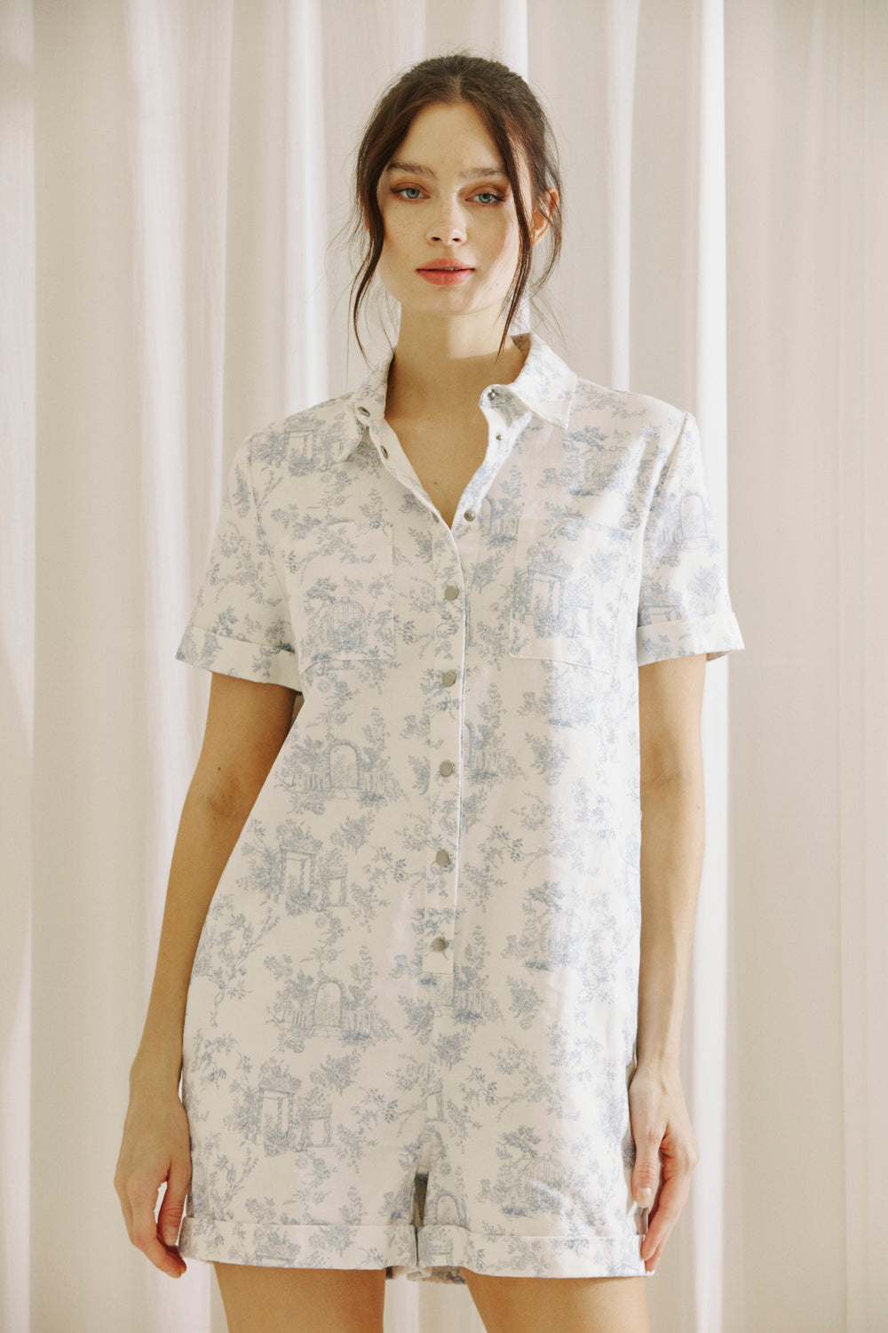 Cory Toile Print Denim Romper Small Front