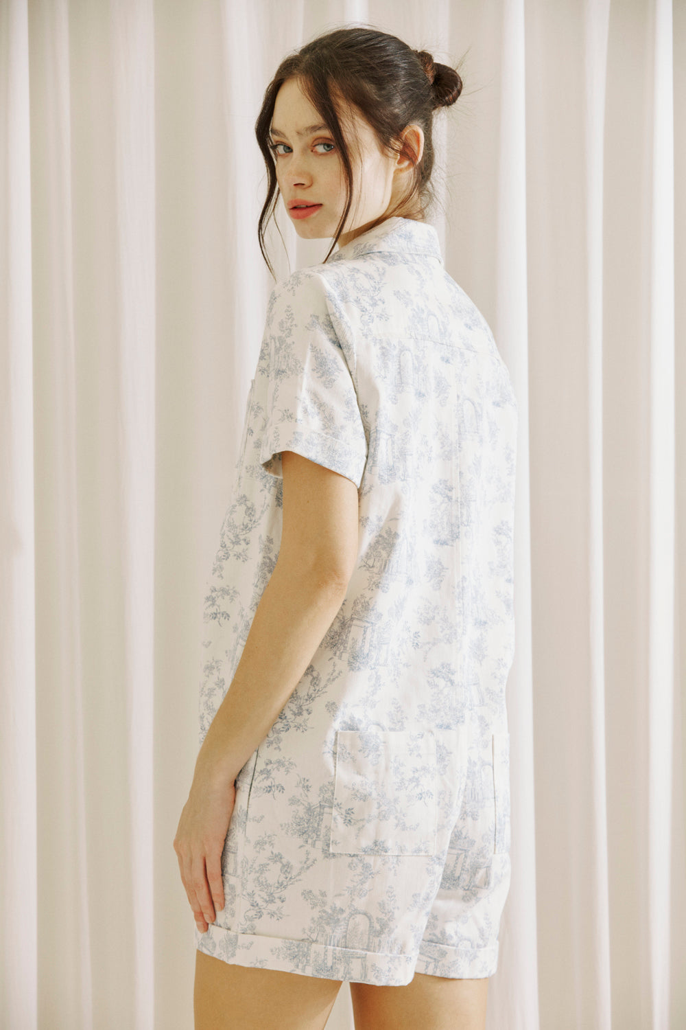 Cory Toile Print Denim Romper Small Back