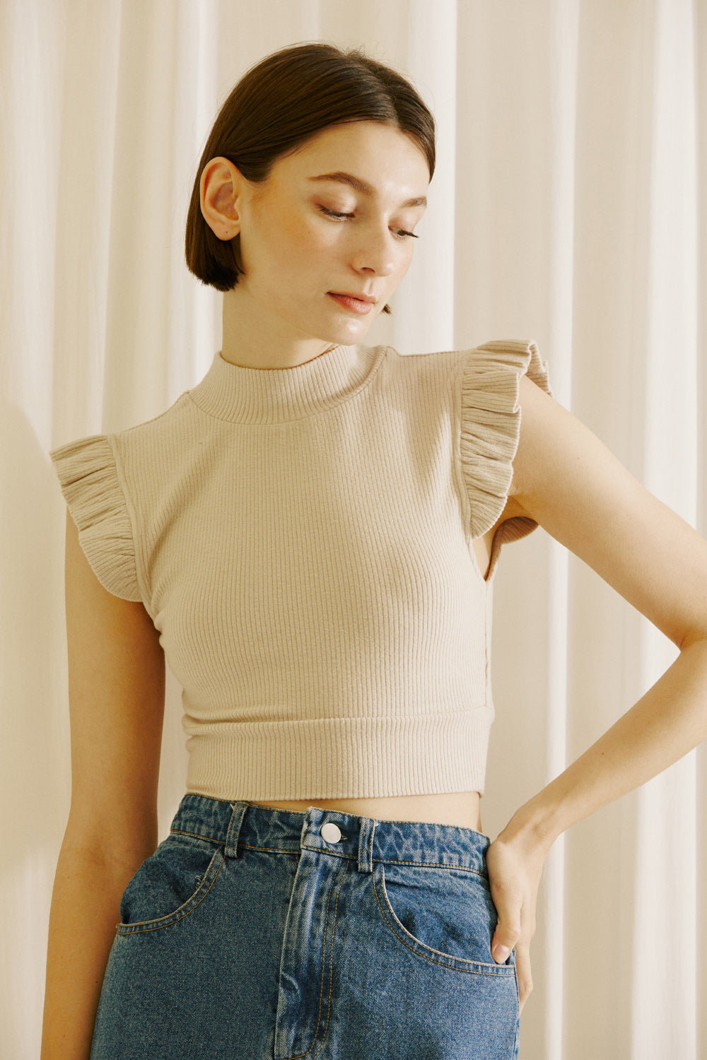 Salem Beige Ribbed Cap Sleeve Crop Top Front