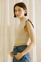 Salem Beige Ribbed Cap Sleeve Crop Top Side