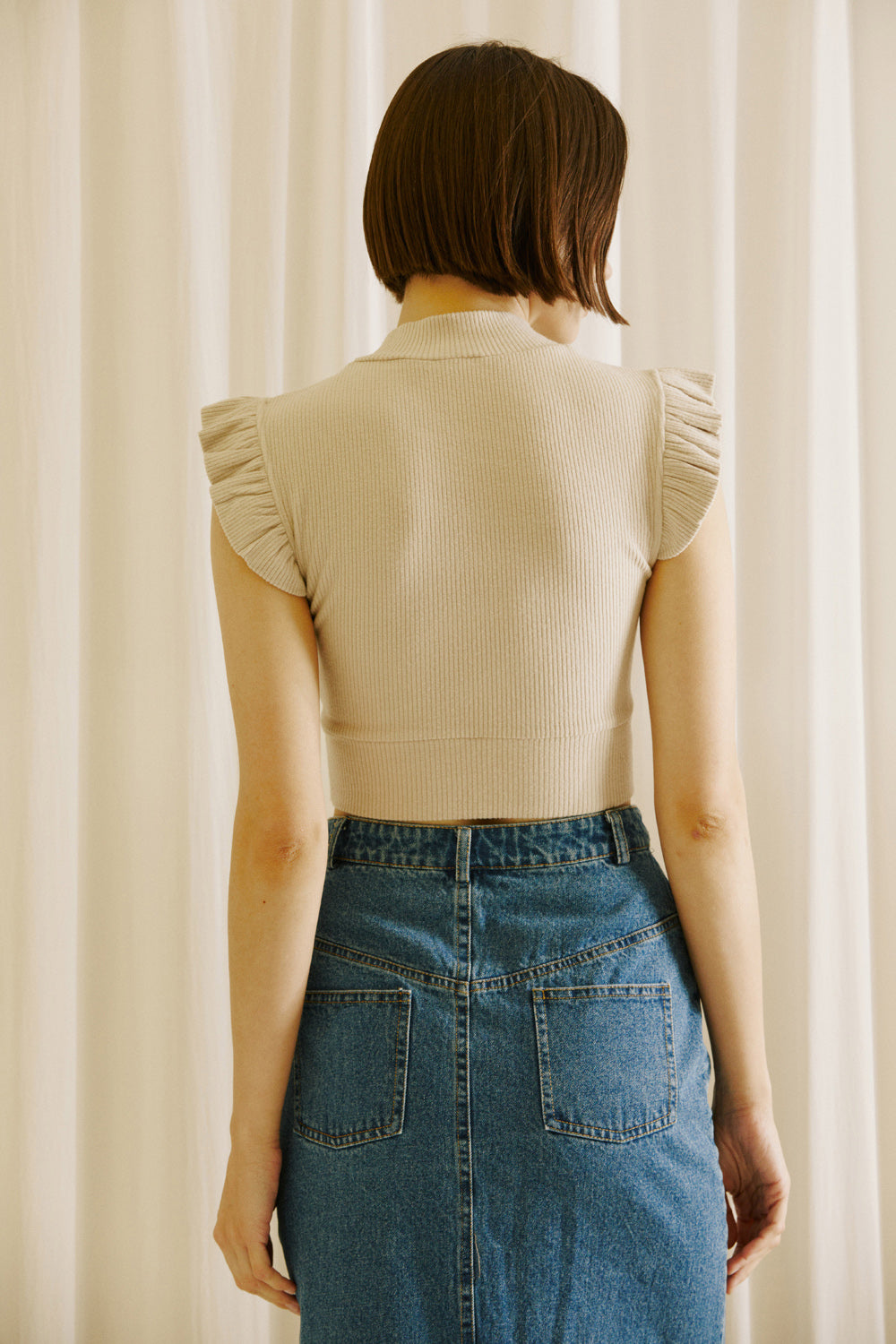 Salem Beige Ribbed Cap Sleeve Crop Top Back