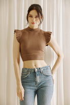 Salem Brown Ribbed Cap Sleeve Crop Top Front