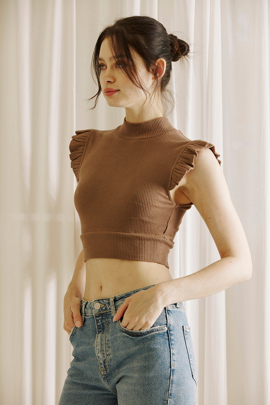 Salem Brown Ribbed Cap Sleeve Crop Top Side