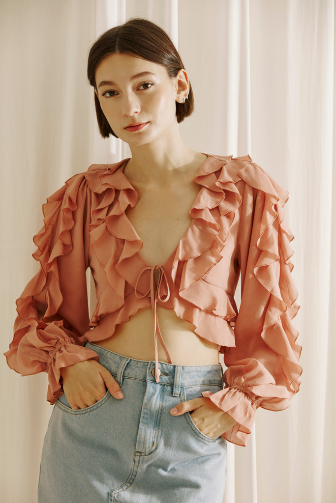 Rooney Layered Ruffle Crop Top Front in Mauve