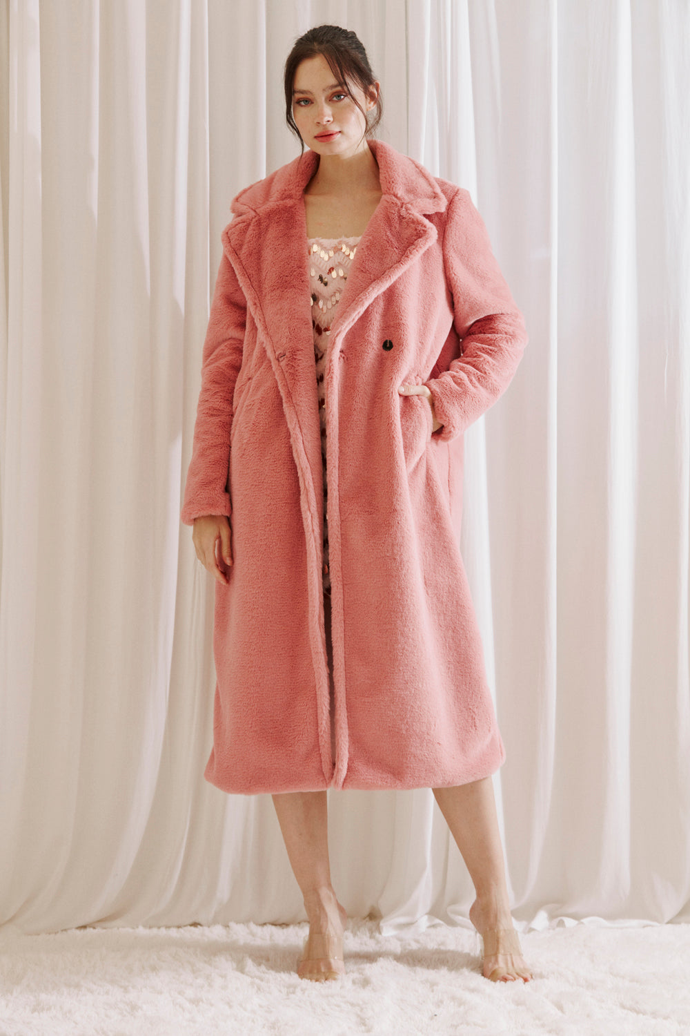 Athena Faux Fur Long Pink Coat Front