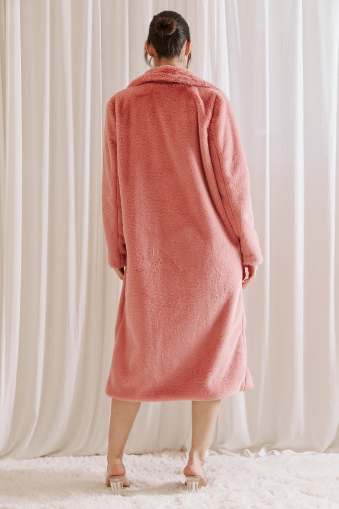 Athena Faux Fur Long Pink Coat Back