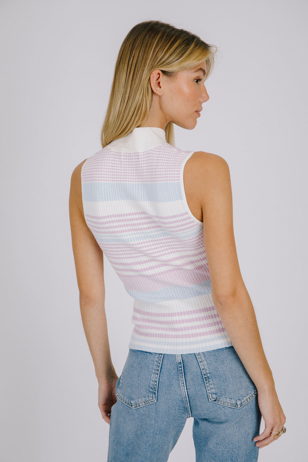 Dream Pastel Striped Mock-Neck Ribbed Knit Top Back