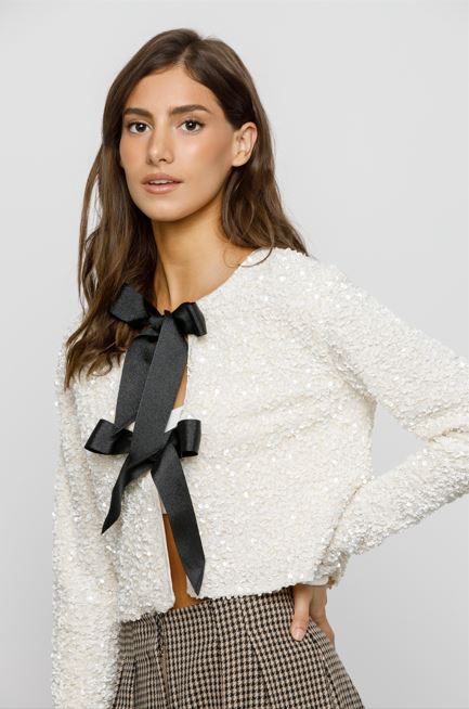 Shiloh Cream Tie-Front Sequined Jacket Side