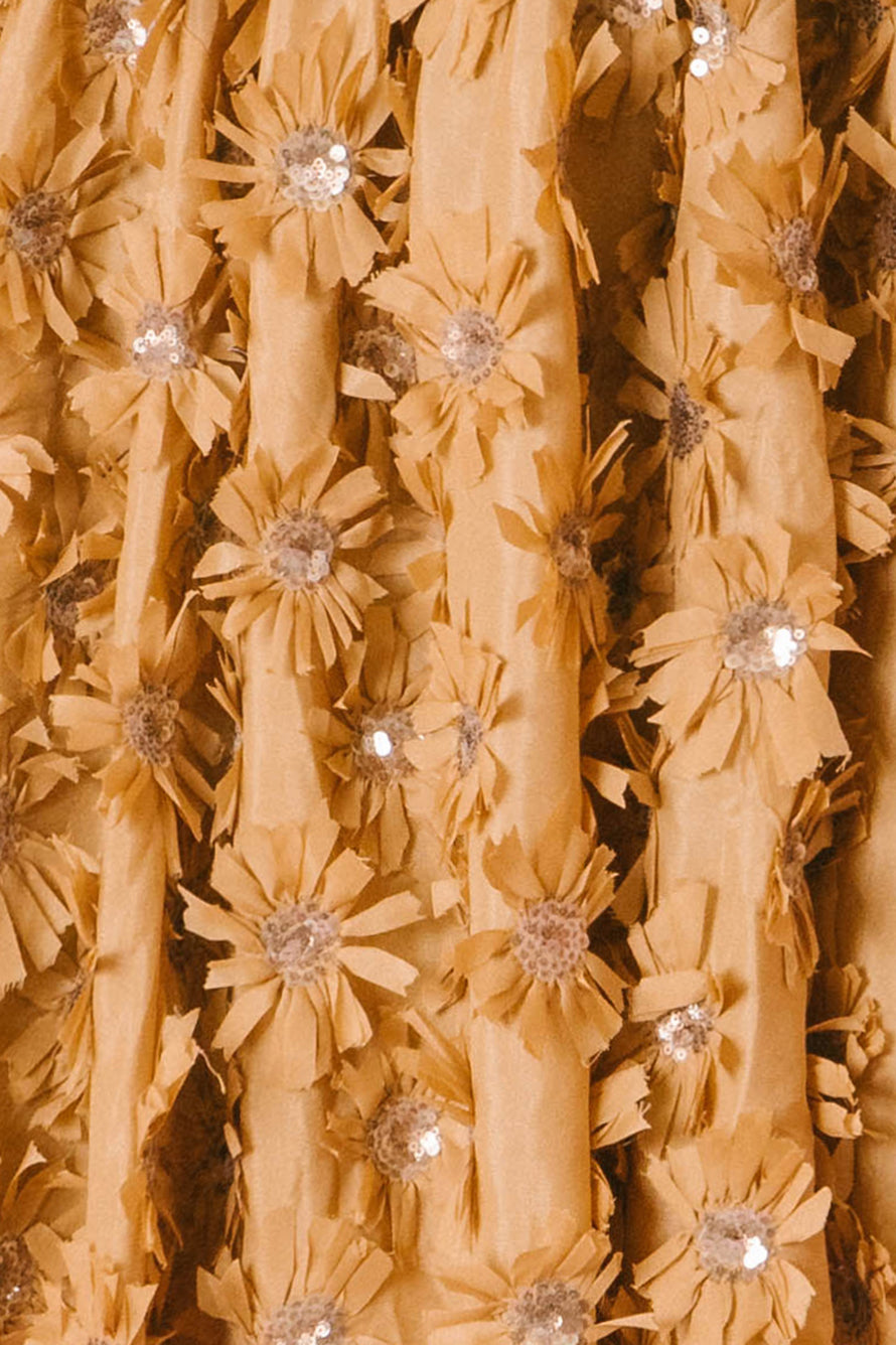 Caramel dress with 3D floral and sequins detail throughout