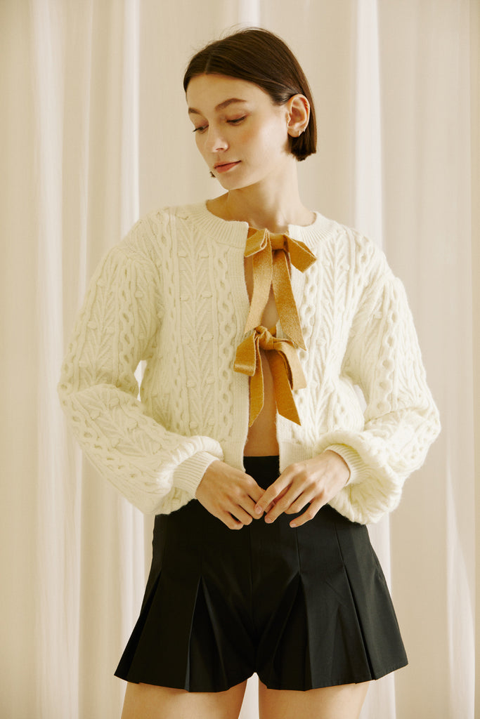 Poppy Cable Knit Cardigan Front in Cream