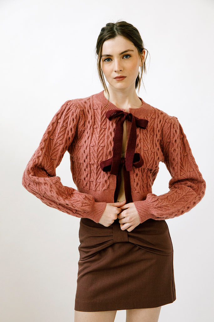 Poppy Cable Knit Cardigan Front in Mauve