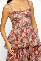 Floral dress with ruffled layers on a white background