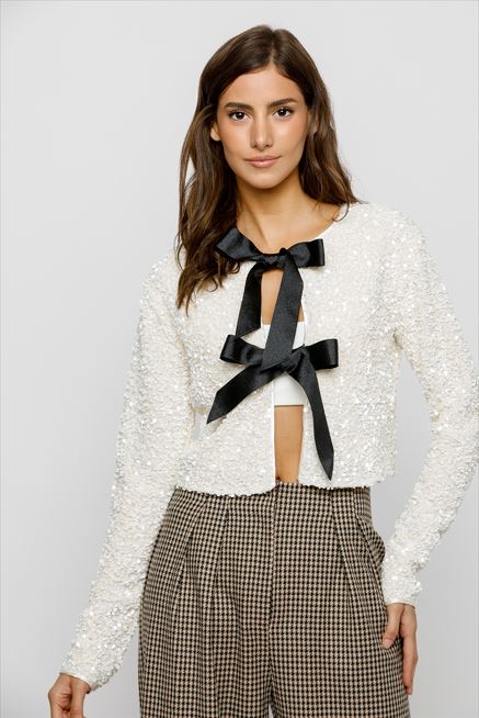 Shiloh Cream Tie-Front Sequined Jacket Details