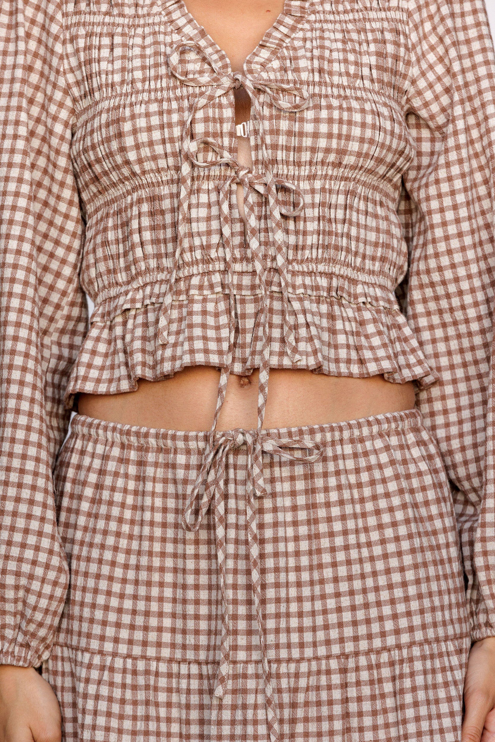 Brown beige gingham smocked tie-front crop top with matching skirt set