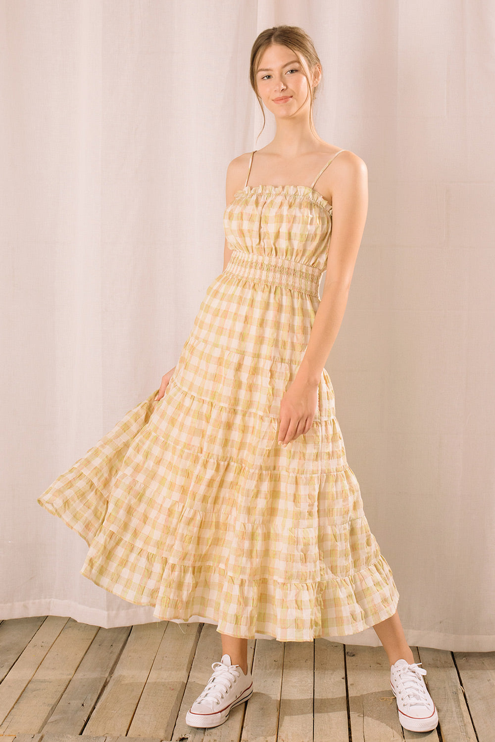 Yellow Plaid Gingham Maxi Dress Front