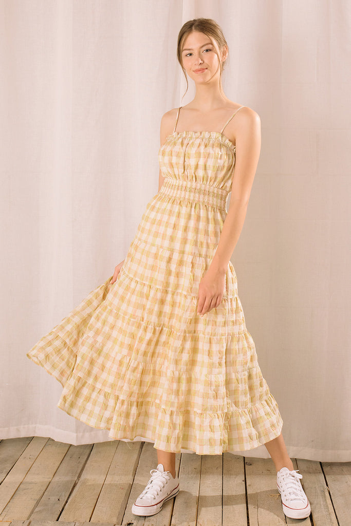Yellow Plaid Gingham Maxi Dress Front