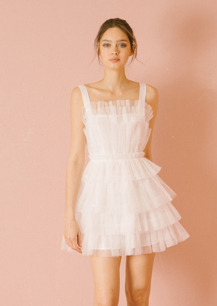 White Tulle Mini Dress Front