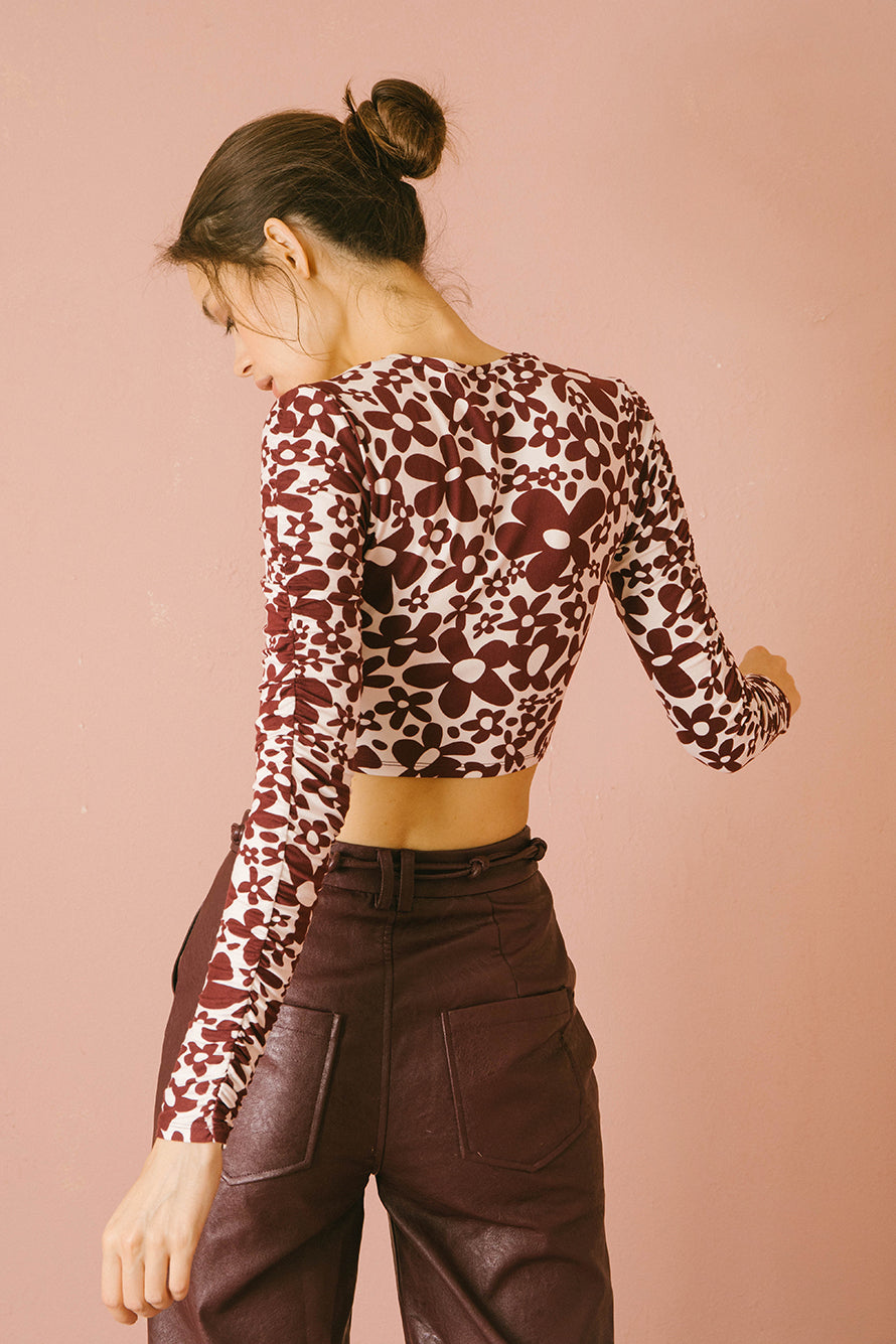 70s-Inspired Burgundy Ruched Crop Top Back