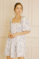 Linda Garden Print Blue Toile Dress Side